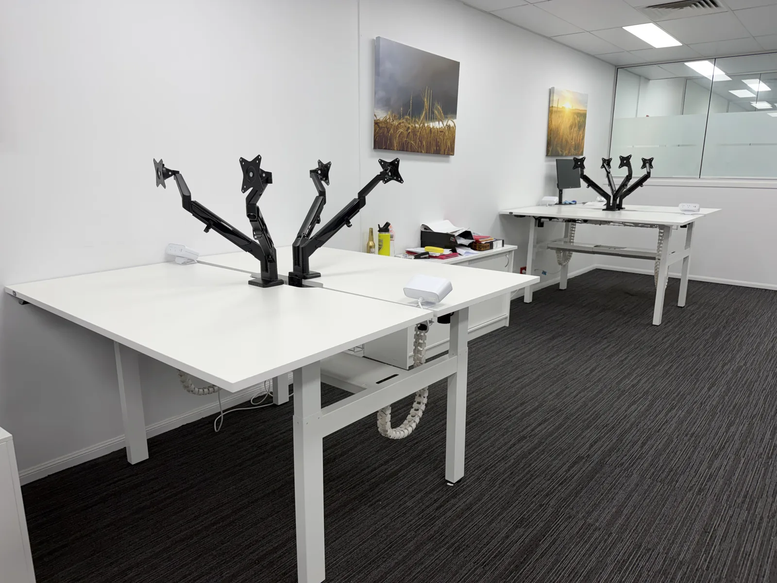 White office desks with monitor arms